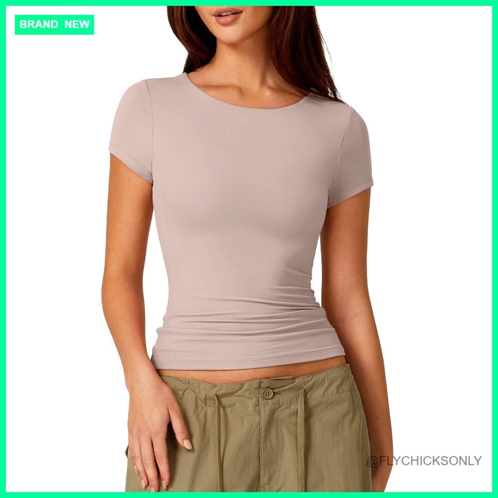 Slim Fit Double Lined Tee, Short Sleeve Crew Neck, Y2K Style Top